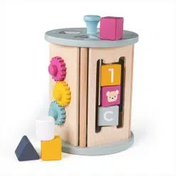 Bigjigs Rolling Activity Centre features four sides packed with activities including a wooden shape sorter, wooden flip book, wooden cogs and more. Its rolling nature makes it a fun task for toddlers