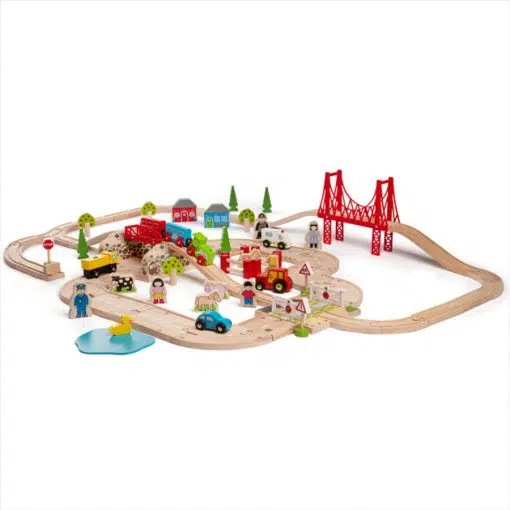 Bigjigs Road & Rail Train Set, combines the best of wooden rail and road transport systems all in one wooden set! Consists of 80 play pieces