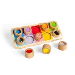 The set comes with a wooden colour-match tray and 10 small tubes offering different sights and feels, such as rippled silicone, felt, a mirror and more!