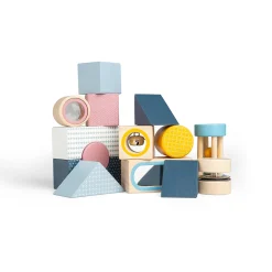 Bigjigs Toys Sensory Explorer Blocks feature 14 pieces in different shapes and sizes with sensory elements, such as a kaleidoscope lens, mirror and roll rattle.