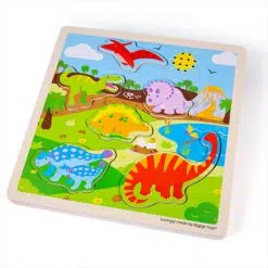 Bigjigs Sound Puzzle Dinosaur is a colourful wooden jigsaw puzzle that makes a Dino roar when the  pieces are placed in the correct slot.