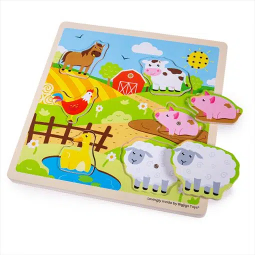 Bigjigs Sound Puzzle Farm, is an exciting way for children to learn about the different noises farm animals make - oink, cluck, moo and baa!