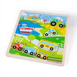 Bigjigs Sound Puzzle Transport, is a colourful wooden jigsaw puzzle that makes a transport sound when the  pieces are placed in the correct slot.
