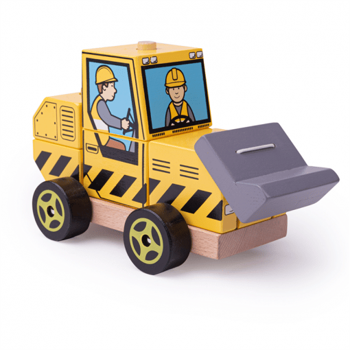 Bigjigs Stacking Bulldozer is a combination of two wooden toys in one, a stacking and a push along toy, painted with construction-style patterns and features its own bulldozer driver