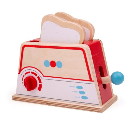Bigjigs Toaster Set would make a great addition to any play kitchen, simply place the wooden bread slices in the slotted toaster, and then adjust the dial to the preferred setting.