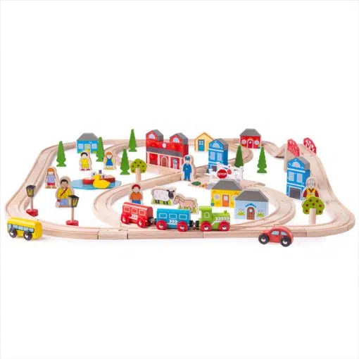 Bigjigs Town & Country Train Set is a traditional colourful wooden train play set, with 101 pieces,