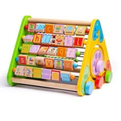 Bigjigs Triangular Activity Centre has 5 activities in 1, with no detachable pieces, so is ideal when travelling and ensures no pieces are ever lost