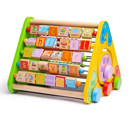 Bigjigs Triangular Activity Centre has 5 activities in 1, with no detachable pieces, so is ideal when travelling and ensures no pieces are ever lost