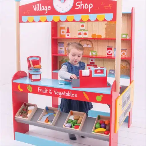 BigJigs Village Shop is a stylish wooden play shop that will provide children with endless role-play opportunity featuring six different shelves