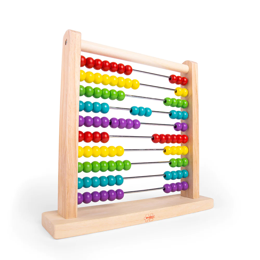 Bigjigs Wooden Abacus is a highly educational traditional wooden Abacus mounted on a sturdy frame, with ten rows with ten brightly coloured beads on each, helping your child with their Numeracy