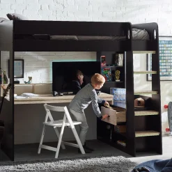 Blaze Gaming Bunk Bed is a simply stunning, Study Bed in Black with wood accents, featuring built-in shelving and drawers for clutter-free access.