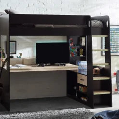 Blaze Gaming Bunk Bed is a simply stunning, Study Bed in Black with wood accents, featuring built-in shelving and drawers for clutter-free access.