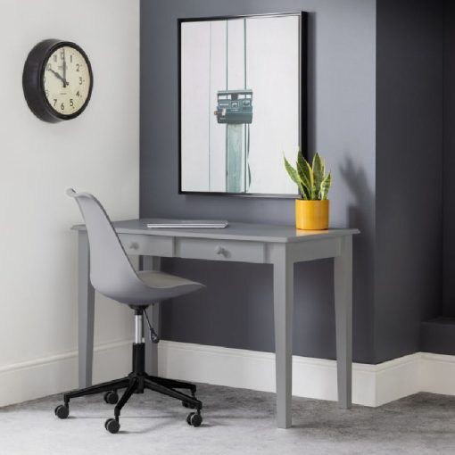 Carrington Desk in Grey is a stylish, free-standing desk featuring two drawers with rounded handles for storing all your stationary essentials.