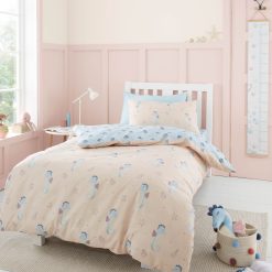Seahorse Duvet Cover Set by Chapter B, adorable aquatic themed reversible kids single duvet set, on a pink and ocean blue background with seahorses dancing