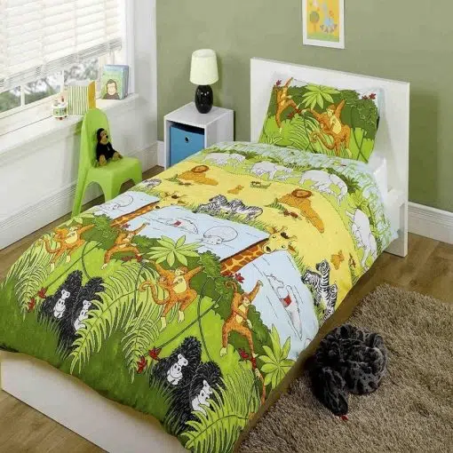 Cheeky Monkey Single Duvet Set is bright and cheery kids bedding set, featuring a cartoon savanna full of playful animals.