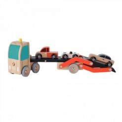Classic World Car Transporter is a double-decker wooden toy vehicle carrier with a moveable ramp that can load three cars and turn into a second deck.
