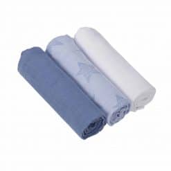 Clevamama Bamboo Muslin Cloths 3 Pack in Blue, naturally anti-bacterial and pH balanced,great wicking properties keeping Baby drier