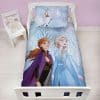 Disney Frozen 2 Toddler Duvet Set features Anna & Elsa design with their friend Olaf set in a winter wonderland background.