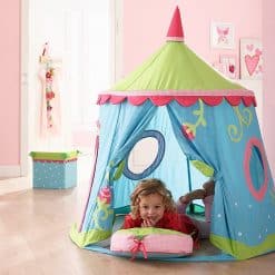 Haba Carolini Tent is a perfect hideaway for dreaming, reading, or playing princess or fairy house; the imaginative possibilities are endless! 