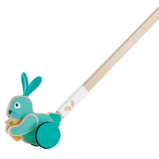 Hape Bunny Push Pal is a classic wooden push toy that will give hours of fun, push little bunny to start him nibbling on his carrot, as he rolls, he will hop happily up and down as you push him forward