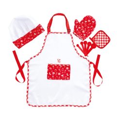 Hape Chef Pack including hat, apron, oven mitt, potholder, and five measuring spoons, will help your little one look the part as they whip up wonderful meals.