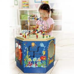 Hape Coral Reef Activity Centre is a large six-sided activity table, featuring, levers, dials, gears, games, and mazes to create an ocean of fun.