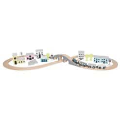 Jabadabado Town Train Set with 36 pieces, will inspire hours of imaginative play and easily stowed away its practical and stylish portable storage box