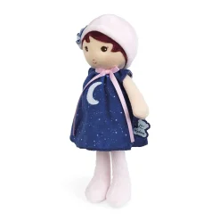 Kaloo Aurore Doll doll glows in the dark, perfect for night time cuddles, she wears a Blue Star and Moon Dress and a Pink Hat. Suitable From Birth
