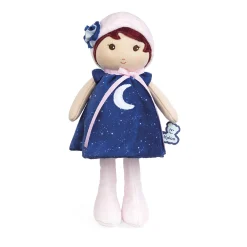 Kaloo Aurore Doll doll glows in the dark, perfect for night time cuddles, she wears a Blue Star and Moon Dress and a Pink Hat. Suitable From Birth