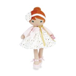 Kaloo Doll Valentine is dressed in a powder pink wrap-over top embellished with a gold scarf and a very soft champagne coloured skirt printed with stars.