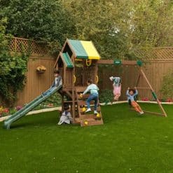 Kidkraft Arbor Crest Deluxe Playset, features, swings, rock wall ladder and slide to get the excitement going -100% cedar wood