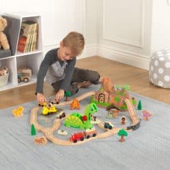 KidKraft Bucket Top Dinosaur Wooden Train Set, offers kids 56 dinosaur-themed pieces to create their own prehistoric world, volcano and all