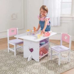 Kidkraft Heart Table & Chairs is the ideal place for homework, games or arts and crafts, featuring four handy storage bins in pretty pastel colours.
