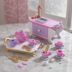 KidKraft Let’s Pretend Tea Time has all your child needs for tea parties with friends or stuffed animals including,  cream, sugar, kettle, serving tray and role-play tap and burner