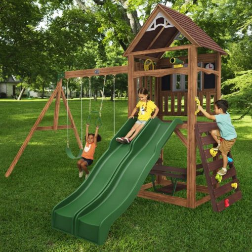Kidkraft Lindale Wooden Playset is designed for play and built to last, featuring Swings,Slides and a raised platform, covered play area