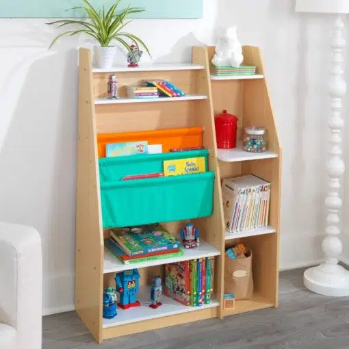 Kidkraft Pocket Storage Bookshelf in Natural, is a stylish and innovative, space-saving solution featuring plenty of shelves to store and display