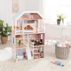 Kidkraft Savannah Dolls House a large wooden Dollhouse with beautiful pastel styling, pretty detailing, on 4 different levels, with 13 pieces of furniture