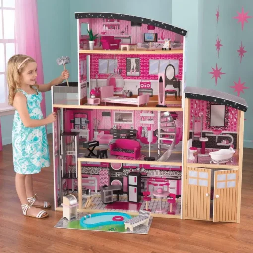 Kidkraft Sparkle Mansion Dollhouse is a large, glamorous and modern wooden Dolls House standing over 1.2 meters tall, featuring six rooms and two outdoor spaces including a balcony and expanded backyard complete with swimming pool.
