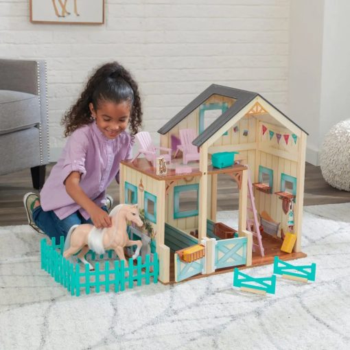 Kidkraft Sweet Meadow Horse Stable is a modern and cozy abode for dolls and their horses and ponies. There are two stalls for ponies, complete with food troughs and hay bales.
