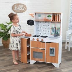 Kidkraft Taverna Play Kitchen is a stylish, streamlined wooden play kitchen where kids will love to prepare pretend meals