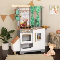Kidkraft Terrace Garden Kitchen has everything to teach kids the origin of foods from garden to table, including faux soil cubes, seed packets and stems!
