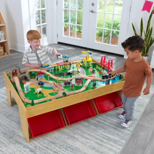 Learning is fun with Kidkraft Waterfall Mountain Train Set and large wooden Table featuring Three Bins and 120 Play Pieces