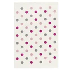 Happy Rug Confetti a beautiful kids rug with colourful dots in pinks and light grey on an off white background this rug is soft, durable, hard wearing,