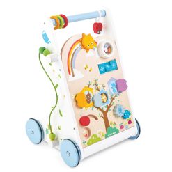 Le Toy Van Activity Walker is a beautifully balanced multi-functional wooden Baby Walker that is decorated with garden, woodland and rainbow motifs.