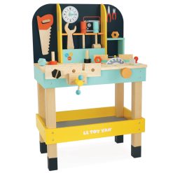 Le Toy Van Alex's Work Bench is comprehensive wooden workbench complete with 12 chunky wooden accessories, perfectly sized for little hands to grip, including a saw, a hammer, screwdriver, spanner, spirit level, 2 bolts, 2 screws, 2 nails and a piece of wood.