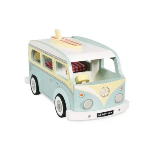 Le Toy Van Holiday Camper Van is a vintage inspired wooden holiday campervan, finished in pastel mint green and cream hues, 