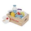 Le Toy Van Cheese & Dairy Crate set features fresh milk, block of butter, pot of yogurt, pot of cream and 3 delicious cheeses