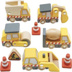 Le Toy Van Construction Set of 5 100% FSC wooden vehicles with working parts - lifting crane, scoop, roller, digger and tip-up truck and two traffic cones.