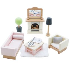 Le Toy Van Daisylane Sitting Room set consists of, 2 comfy sofas, a coffee table, cosy rug, lamp and a log fireplace with mantlepiece and mirror