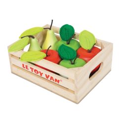 Le Toy Van Apples & Pears Market Crate a wooden roleplay toy for little imaginations, set includes: two red apples, two green apples & two green pears